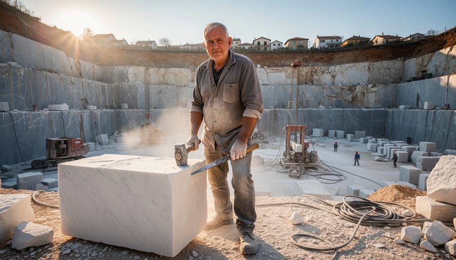 Stonemason holding a chisel and mallet beside a freshly cut block in a terraced marble and limestone quarry at golden hour, with quarry walls, cable saws, and distant workers visible in the background.