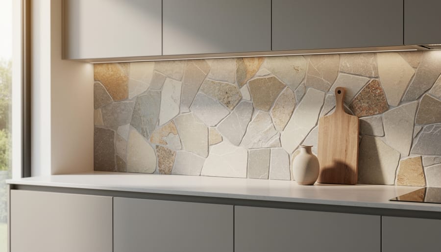 Worker installing decorative mosaic backsplash made from repurposed stone remnants