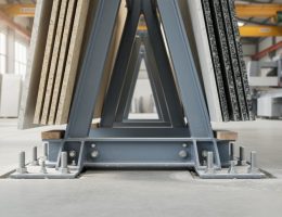 Low-angle view of a steel A-frame racking system holding large granite and marble slabs, with visible base plates and expansion bolts securing the rack to a reinforced concrete floor; softly lit workshop cranes and saws appear blurred in the background.
