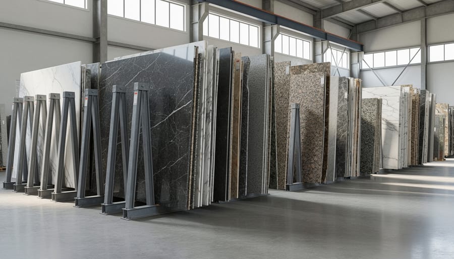 Industrial A-frame metal racking structure holding multiple marble and granite slabs vertically in warehouse