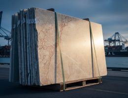 Pallet of strapped marble and granite slabs at a seaport with blurred cranes and containers under moody skies, conveying supply chain disruption