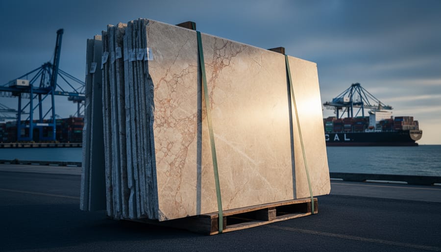 Pallet of strapped marble and granite slabs at a seaport with blurred cranes and containers under moody skies, conveying supply chain disruption