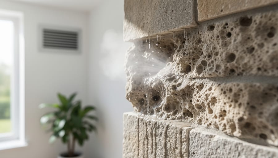 Extreme close-up of natural stone surface showing porous texture and mineral details