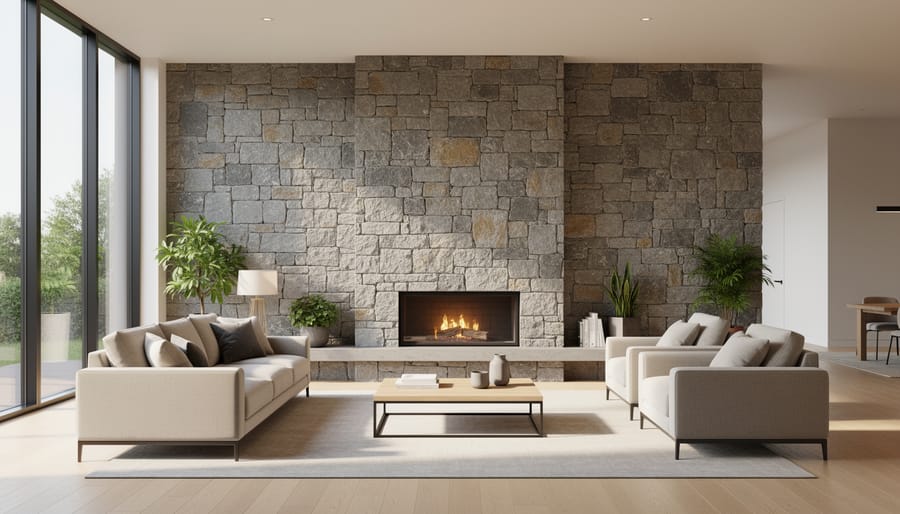 Interior view of modern home featuring natural stone wall with contemporary furnishings