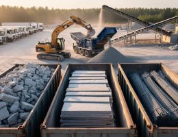 Organized demolition site with separate containers of concrete rubble, stacked natural stone slabs, and bundled metal rebar, as an excavator feeds a mobile crusher producing crushed aggregate under warm late-afternoon light; trucks, conveyor, and distant treeline in background.