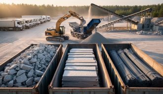 Organized demolition site with separate containers of concrete rubble, stacked natural stone slabs, and bundled metal rebar, as an excavator feeds a mobile crusher producing crushed aggregate under warm late-afternoon light; trucks, conveyor, and distant treeline in background.