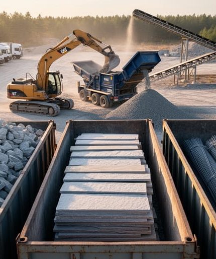 Organized demolition site with separate containers of concrete rubble, stacked natural stone slabs, and bundled metal rebar, as an excavator feeds a mobile crusher producing crushed aggregate under warm late-afternoon light; trucks, conveyor, and distant treeline in background.