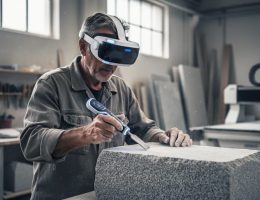 Stonemason wearing a VR headset uses a haptic chisel on a stone block in a workshop, with traditional tools, granite slabs, and a CNC machine softly blurred behind, lit by diffused daylight.