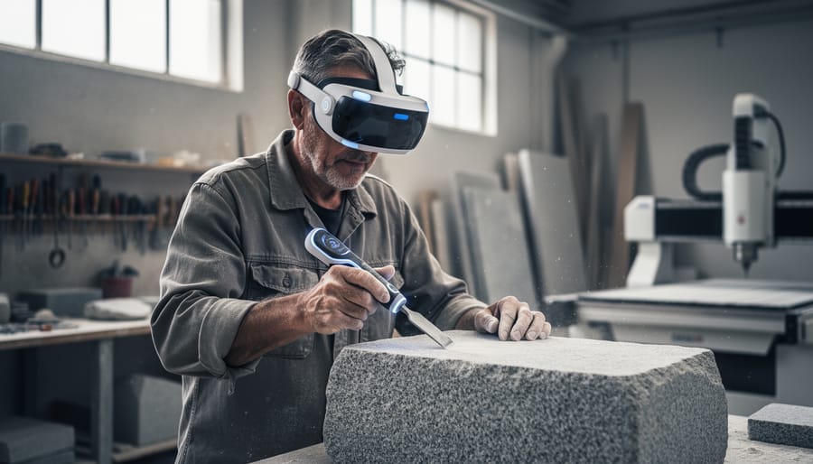 Stonemason wearing a VR headset uses a haptic chisel on a stone block in a workshop, with traditional tools, granite slabs, and a CNC machine softly blurred behind, lit by diffused daylight.
