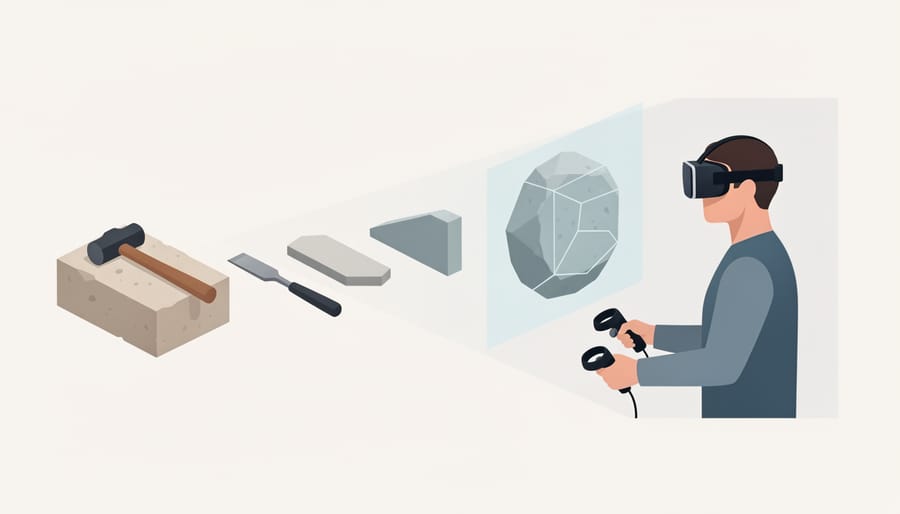 Traditional stone working tools placed beside modern VR headset on workshop table