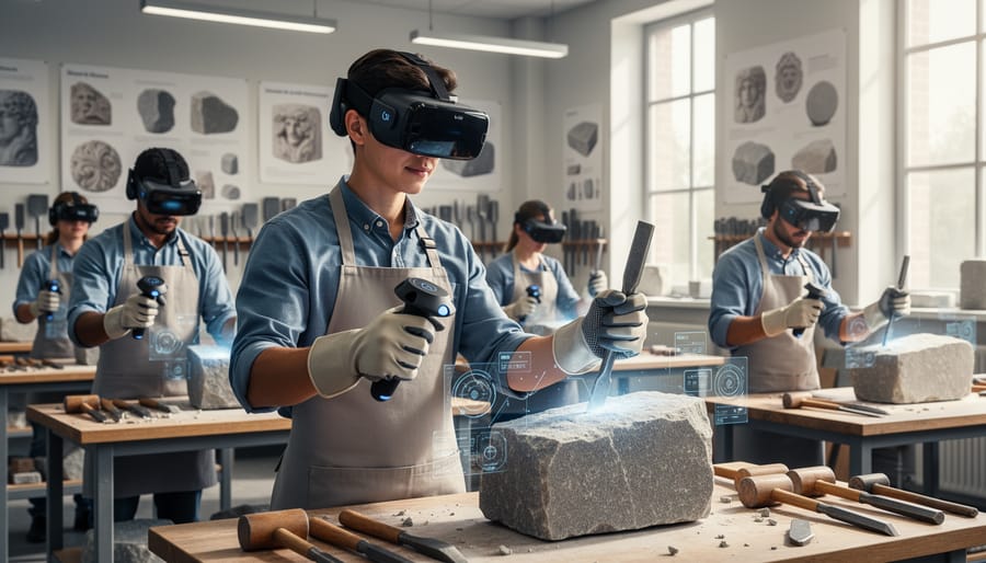 Person wearing VR headset practicing stone working motions in training environment