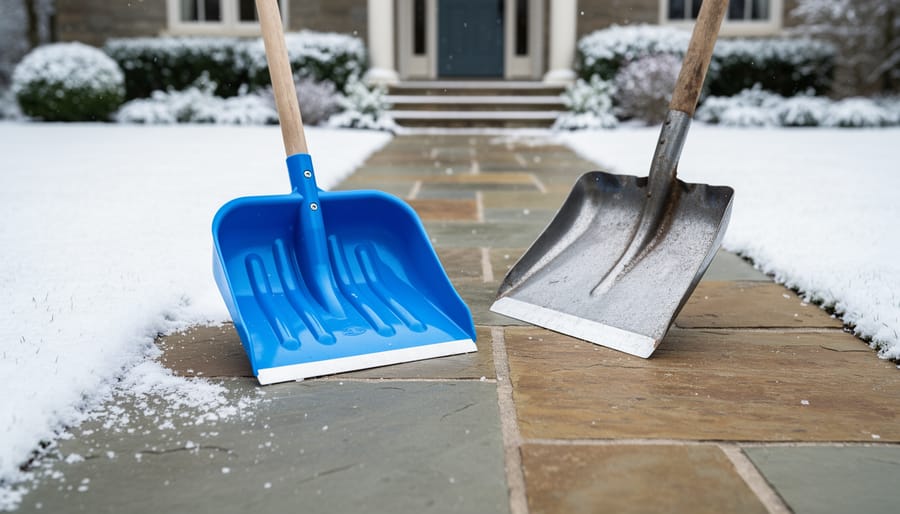 Person using plastic shovel to remove snow from natural stone steps