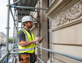 Restoration engineer in hard hat on scaffolding examining an ornate limestone facade while referencing a tablet, with a subtle translucent 3D wireframe aligned to the stone; bright overcast light and softly blurred city buildings in the background.