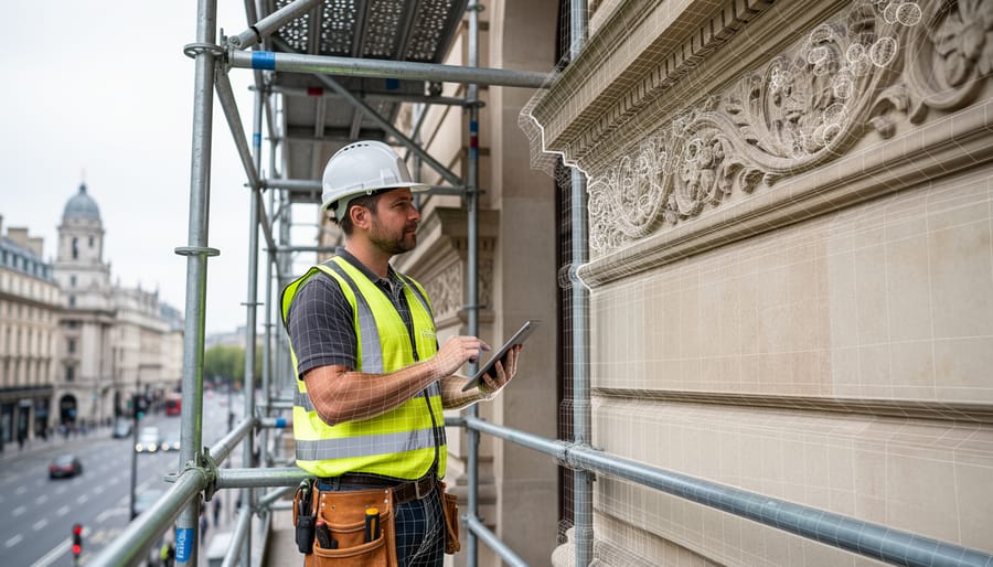 Restoration engineer in hard hat on scaffolding examining an ornate limestone facade while referencing a tablet, with a subtle translucent 3D wireframe aligned to the stone; bright overcast light and softly blurred city buildings in the background.