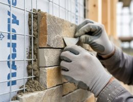 Mason’s gloved hands fastening a natural stone veneer piece onto galvanized metal lath with stainless steel ties on a partially finished exterior wall, shot at eye level under soft overcast light with blurred scaffolding and weather barrier behind