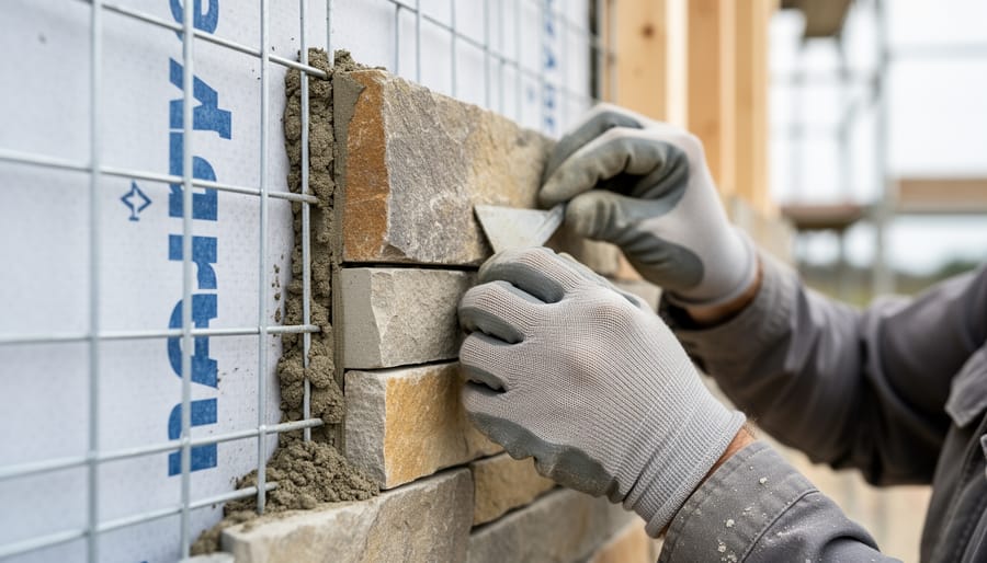 Mason’s gloved hands fastening a natural stone veneer piece onto galvanized metal lath with stainless steel ties on a partially finished exterior wall, shot at eye level under soft overcast light with blurred scaffolding and weather barrier behind