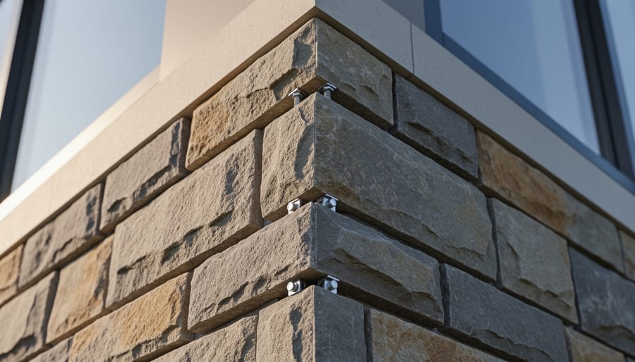 Close-up of anchored stone veneer showing mechanical fastener attachment points on natural stone