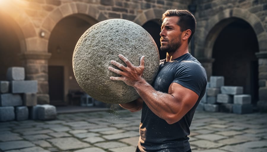 Low-angle photo of an athlete lifting a large rounded granite stone in a historic courtyard, with warm side lighting and blurred stone arches and stacked blocks in the background.