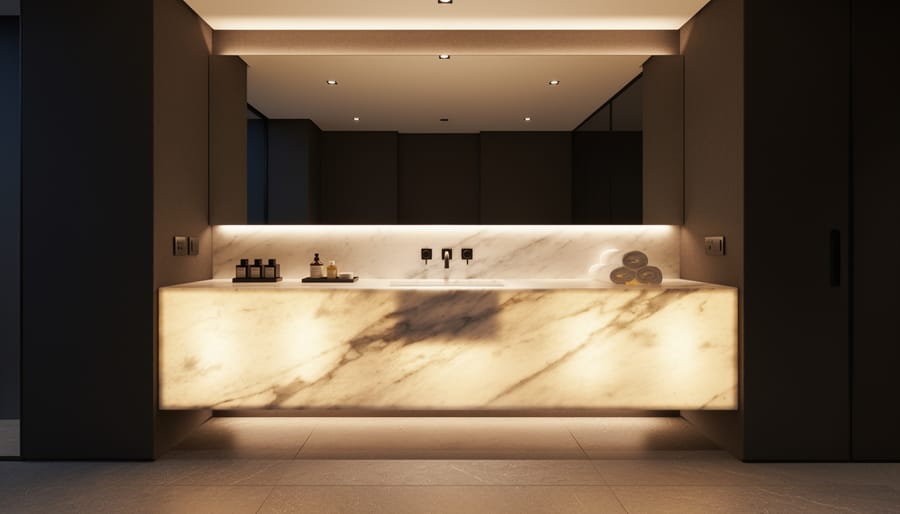 Modern bathroom vanity with backlit translucent marble countertop and vessel sink