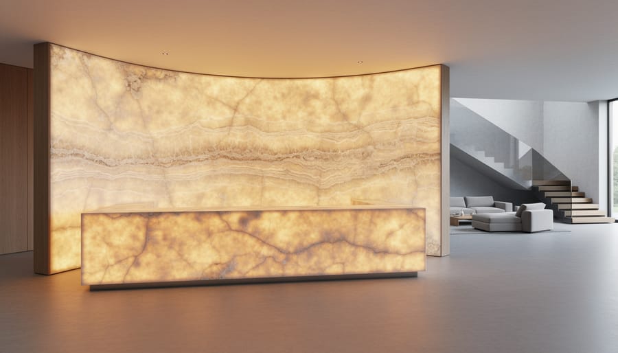 Curved backlit onyx feature wall with matching countertop glowing amber, veining clearly visible, photographed at eye level in a modern interior with minimal seating and a staircase in the background.