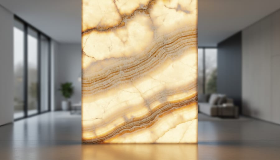Backlit honey-colored onyx stone panel showing natural veining patterns and translucent glow