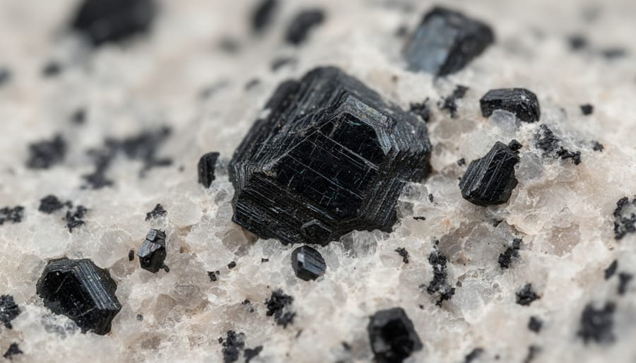 Close-up of black biotite mica crystals embedded in polished granite surface