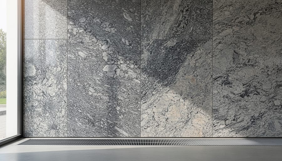 Modern architectural installation featuring biotite-rich black granite wall
