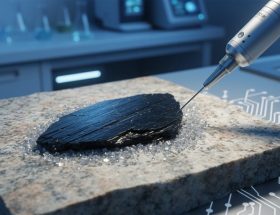 Macro photo of polished biotite-rich granite showing glossy black mica flakes touched by a fine microprobe, under cool lab lighting with blurred glassware and a faint circuit board in the background.