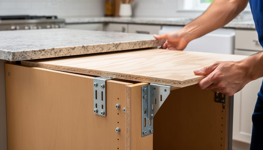 Interior view of kitchen cabinet with wooden support brackets and reinforcement