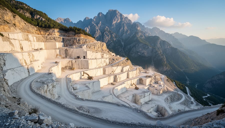 Aerial view of active marble quarry in Carrara, Italy showing white marble extraction