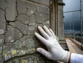 Conservator’s gloved hand examining cracks, flaking, and salt efflorescence on a weathered limestone cathedral facade, with scaffolding and storm clouds softly blurred behind.