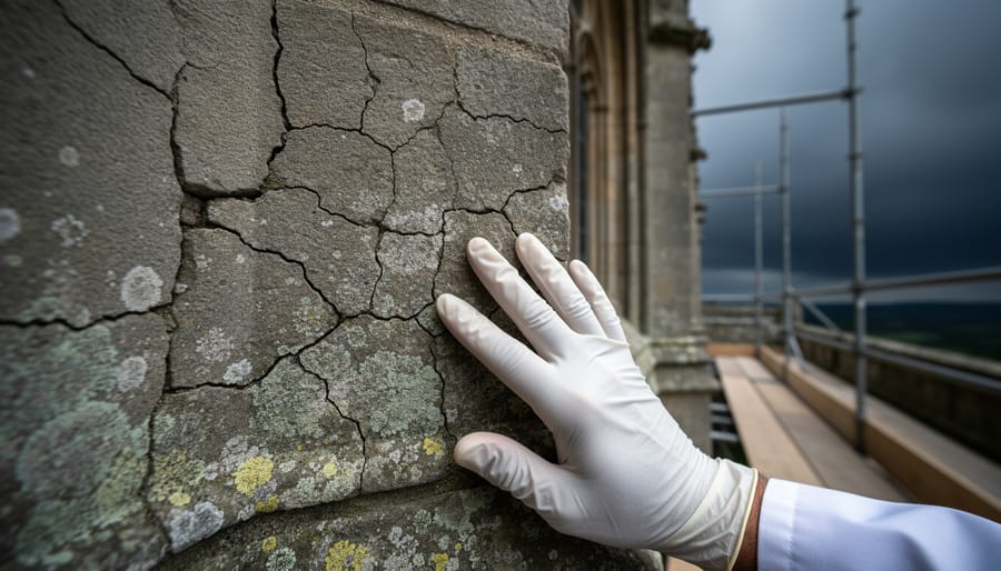 Conservator’s gloved hand examining cracks, flaking, and salt efflorescence on a weathered limestone cathedral facade, with scaffolding and storm clouds softly blurred behind.
