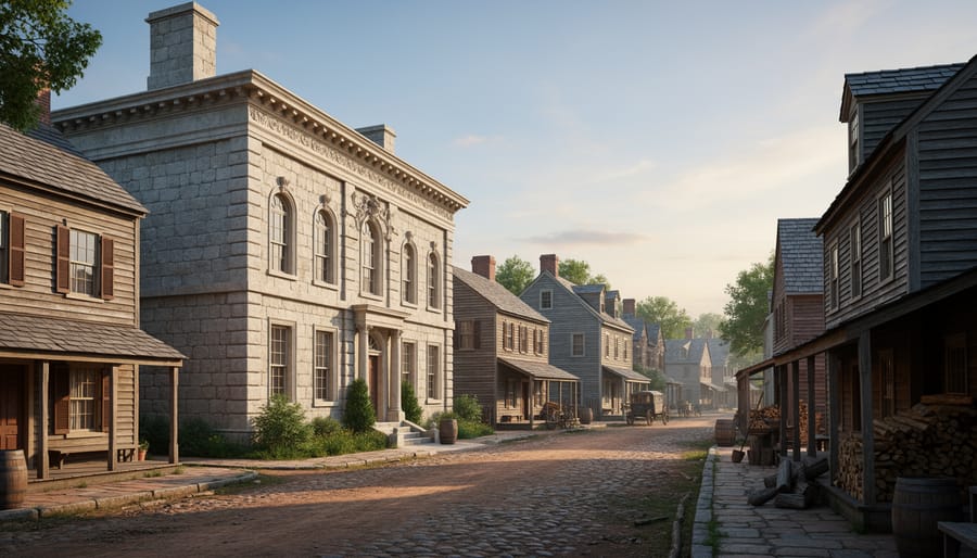 Historic stone and wooden buildings from colonial American city showing early urban development patterns