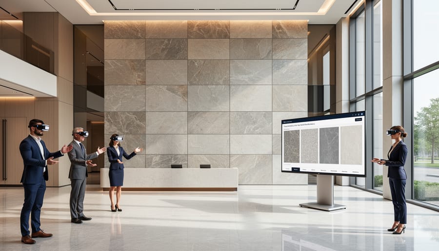 Modern commercial lobby with floor-to-ceiling natural stone feature wall