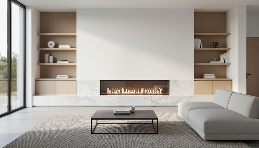 Modern linear fireplace with sleek honed marble surround in contemporary living room