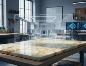 Marble slab with pronounced veining on a studio workbench, overlaid by a translucent 3D architectural model, with soft daylight and blurred workshop tools and monitors in the background.