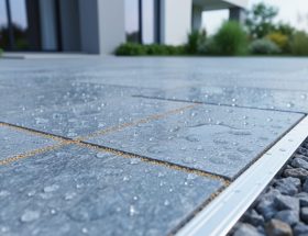 Low-angle view of a wet bluestone or granite patio with water beading, polymeric sand joints, and an aluminum edge restraint beside a gravel border, sloping away from a modern house with blurred garden beds in the background.