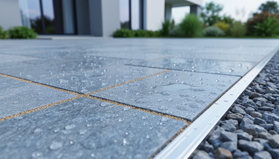 Low-angle view of a wet bluestone or granite patio with water beading, polymeric sand joints, and an aluminum edge restraint beside a gravel border, sloping away from a modern house with blurred garden beds in the background.