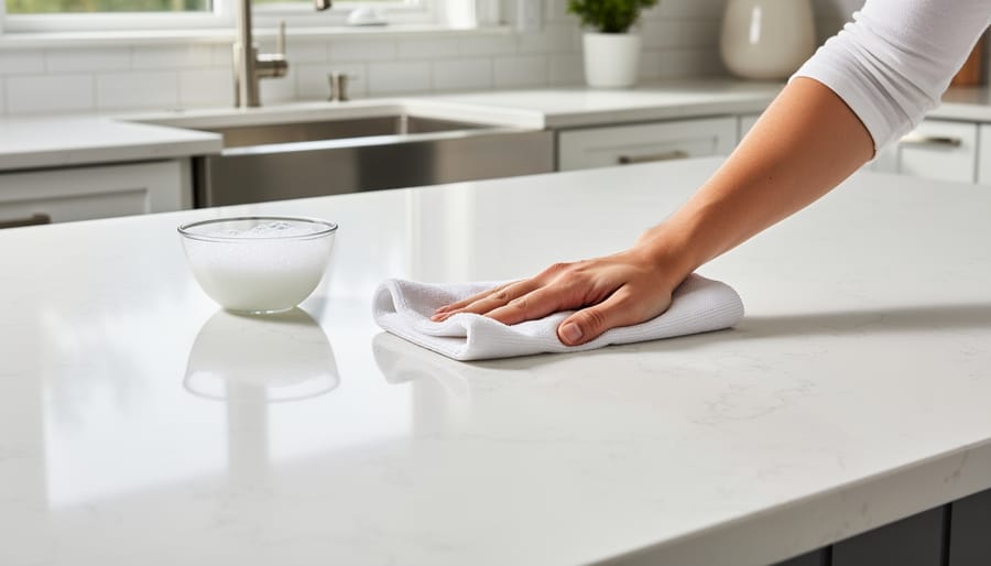 Person cleaning quartz countertop with microfiber cloth demonstrating easy maintenance