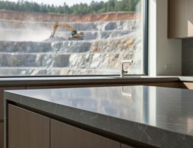 Polished quartz countertop in a modern kitchen with an out-of-focus terraced stone quarry and excavator visible through a side window.