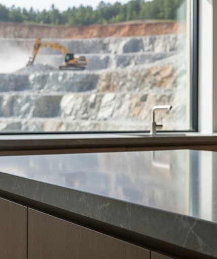 Polished quartz countertop in a modern kitchen with an out-of-focus terraced stone quarry and excavator visible through a side window.