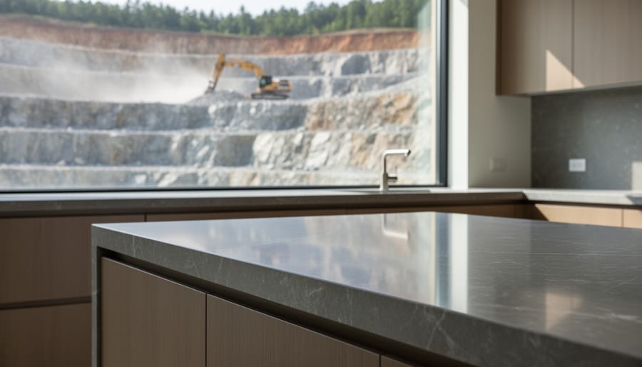 Polished quartz countertop in a modern kitchen with an out-of-focus terraced stone quarry and excavator visible through a side window.