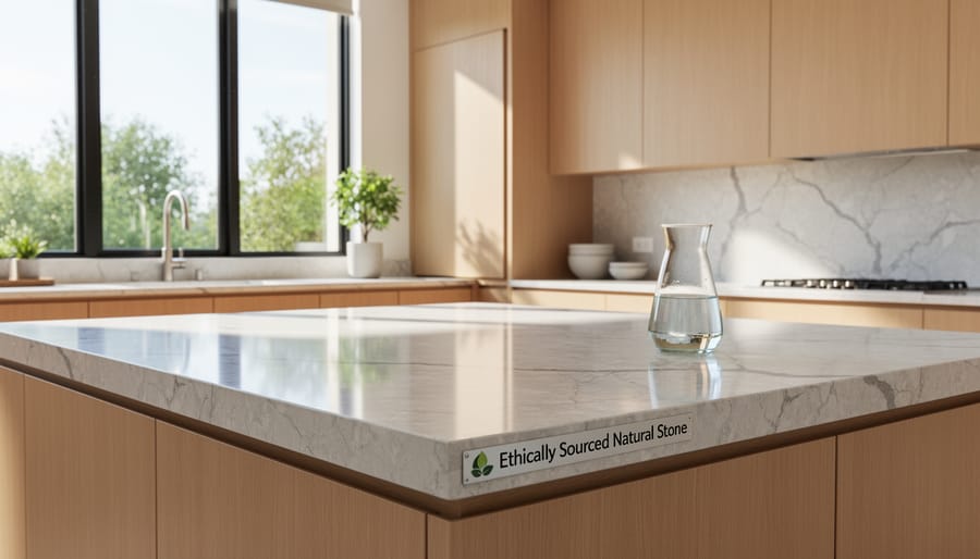 Modern kitchen with ethically sourced granite countertops showing natural crystalline patterns