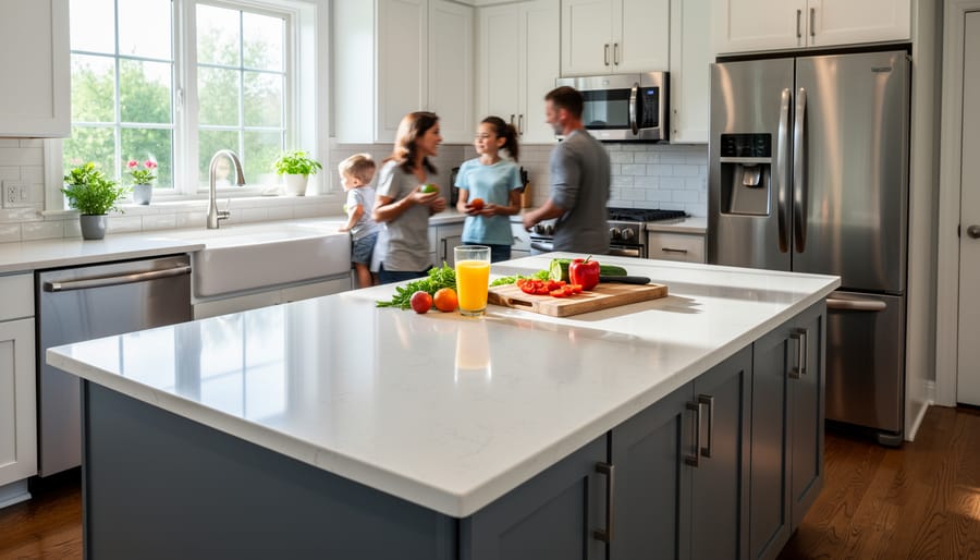 Family preparing food together on durable quartz kitchen countertop