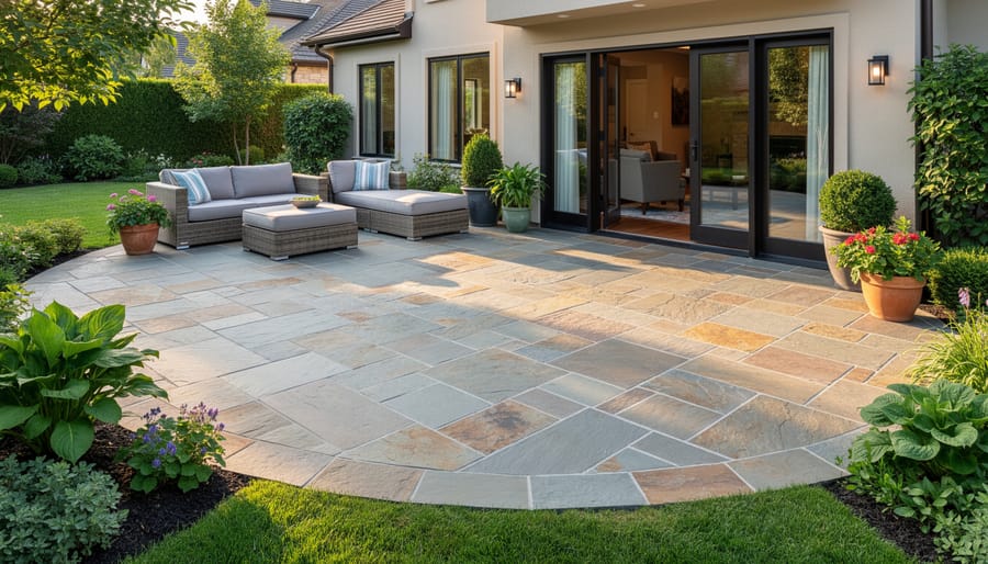 Beautiful flagstone patio with outdoor furniture in landscaped backyard setting