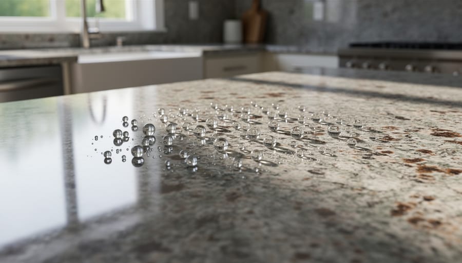 Lemon juice beading on granite countertop showing chemical resistance