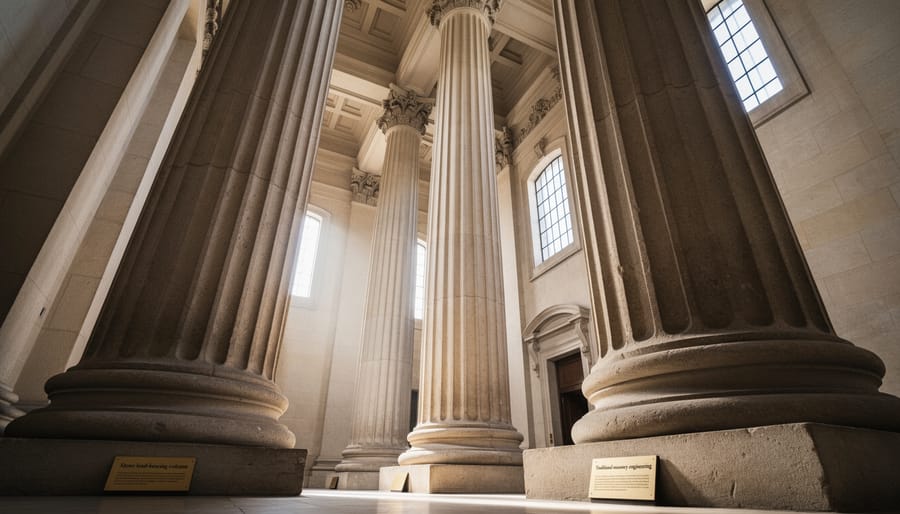 Polished granite column in modern architectural application showing load-bearing structural use