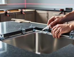 Hands of a professional installer attaching an undermount stainless steel sink to the underside of a polished granite countertop with epoxy and metal brackets; shims, clamps, and a faint laser line visible in a blurred modern kitchen background.