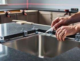 Hands of a professional installer attaching an undermount stainless steel sink to the underside of a polished granite countertop with epoxy and metal brackets; shims, clamps, and a faint laser line visible in a blurred modern kitchen background.