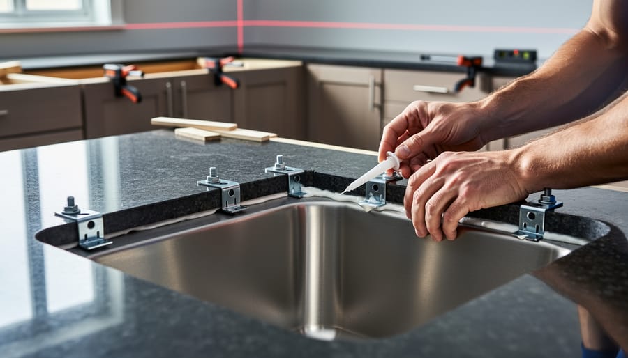 Hands of a professional installer attaching an undermount stainless steel sink to the underside of a polished granite countertop with epoxy and metal brackets; shims, clamps, and a faint laser line visible in a blurred modern kitchen background.